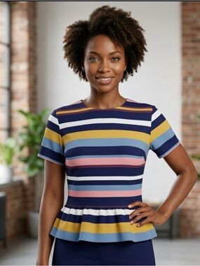 Halogen Striped Peplum Short-Sleeve Top in Navy, Pink & Mustard